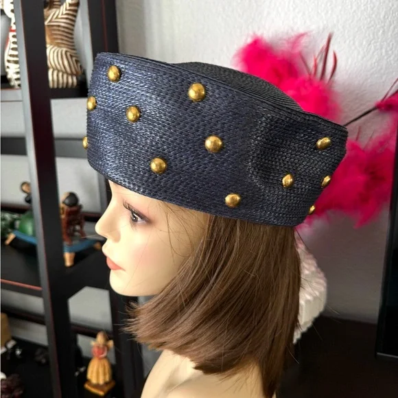 Vintage Navy Blue and Gold Studded Women's Hat - Picture 7 of 9